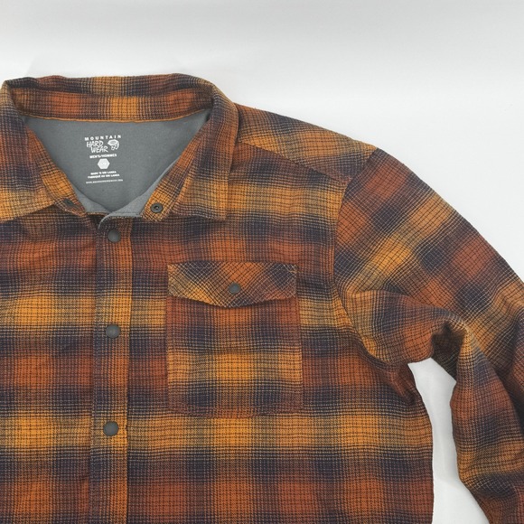 Mountain Hardwear Shirt Shacket Jacket Mens Large Orange Brown Plaid Snap Front - Picture 12 of 14